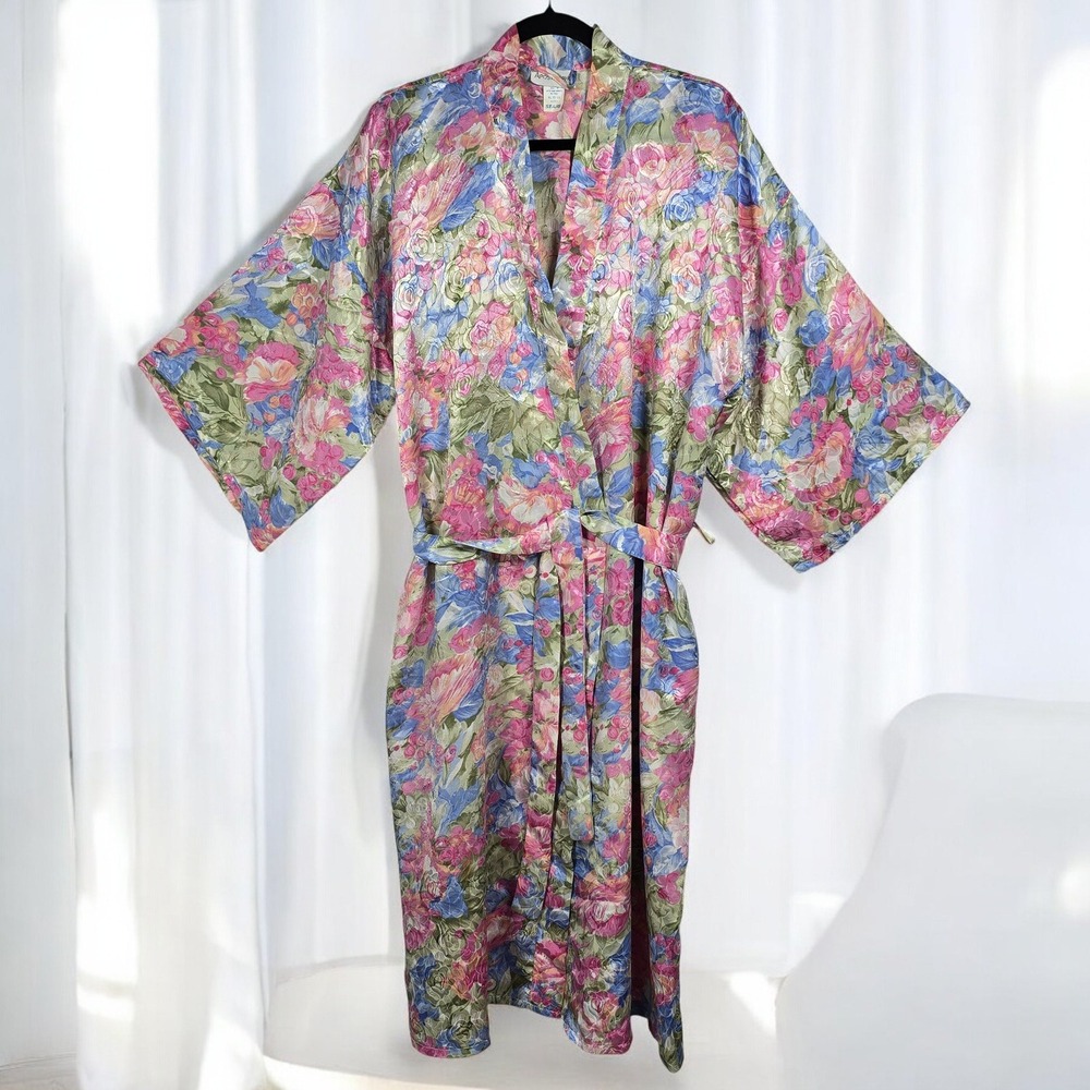 VTG Apostrophe Sears Robe XL 20-22 Floral Satin Kimono Sleeve Tie‎ 3D Like Print